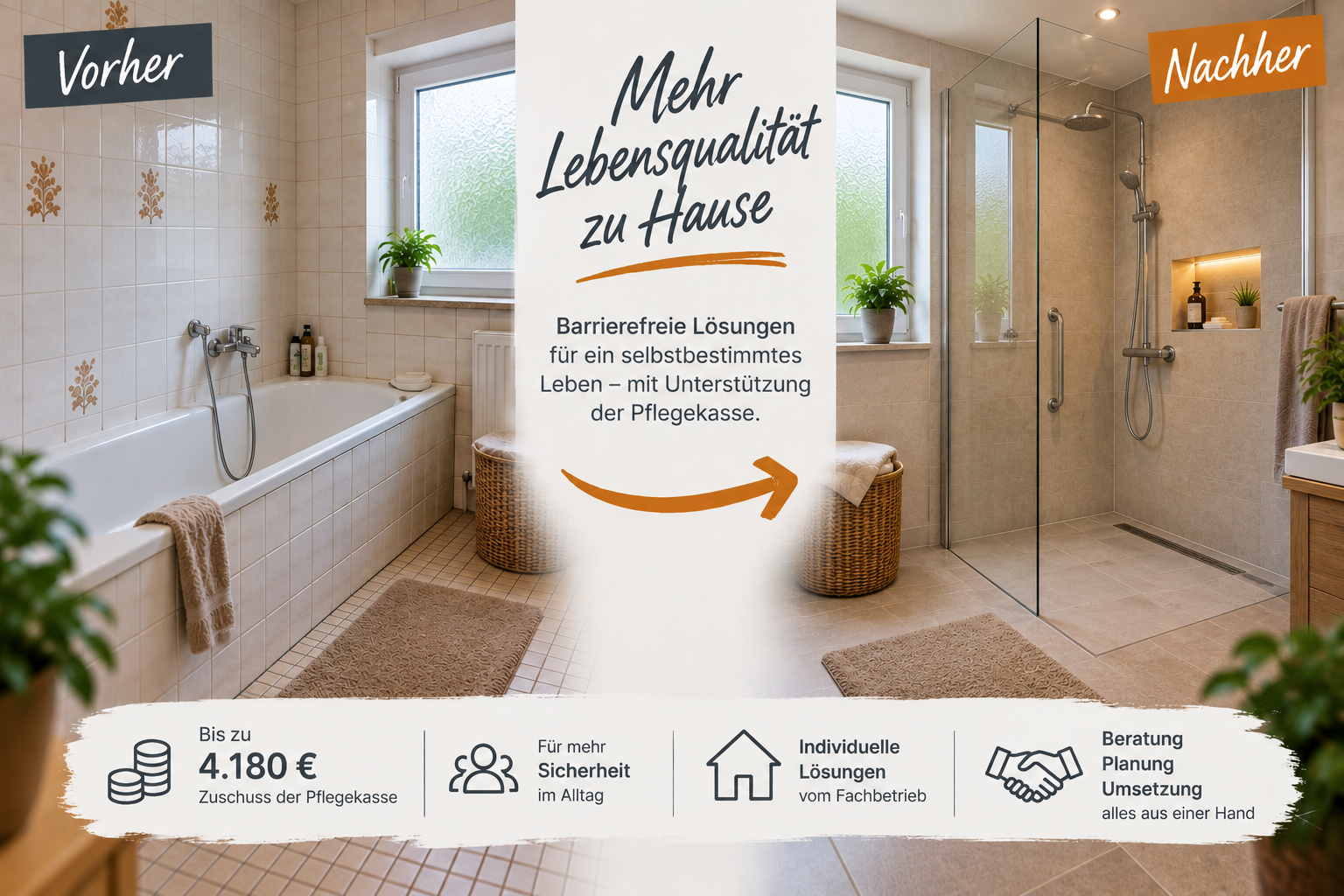 Wohnumfeldverbessernde Maßnahmen – Vorher-Nachher Umbau von Badewanne zur barrierefreien Dusche